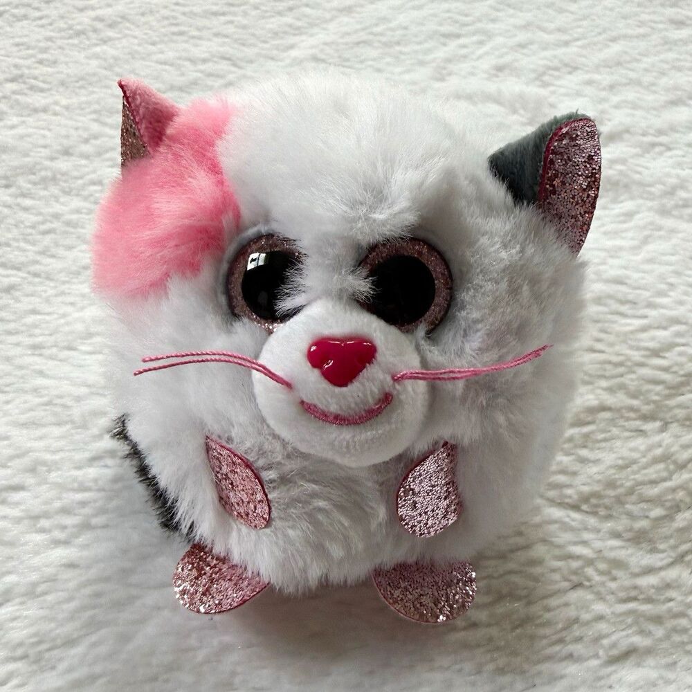 Ty Puffies Muffin White & Pink Cat Plush Beanbag Stuffed Animal 3in